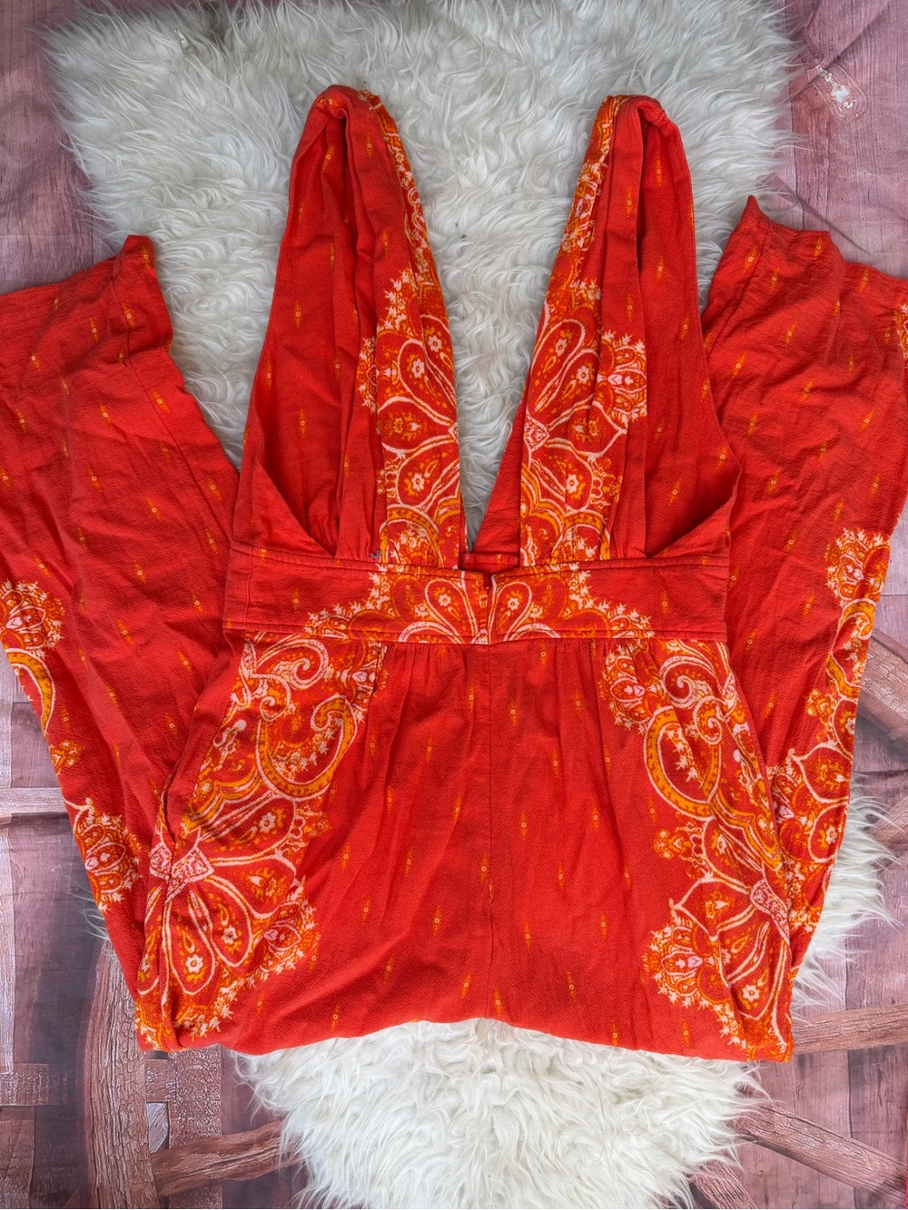 Free People Small Orange Paisley Open Back Wide Leg Boho Jumpsuit Pockets - Picture 4 of 8